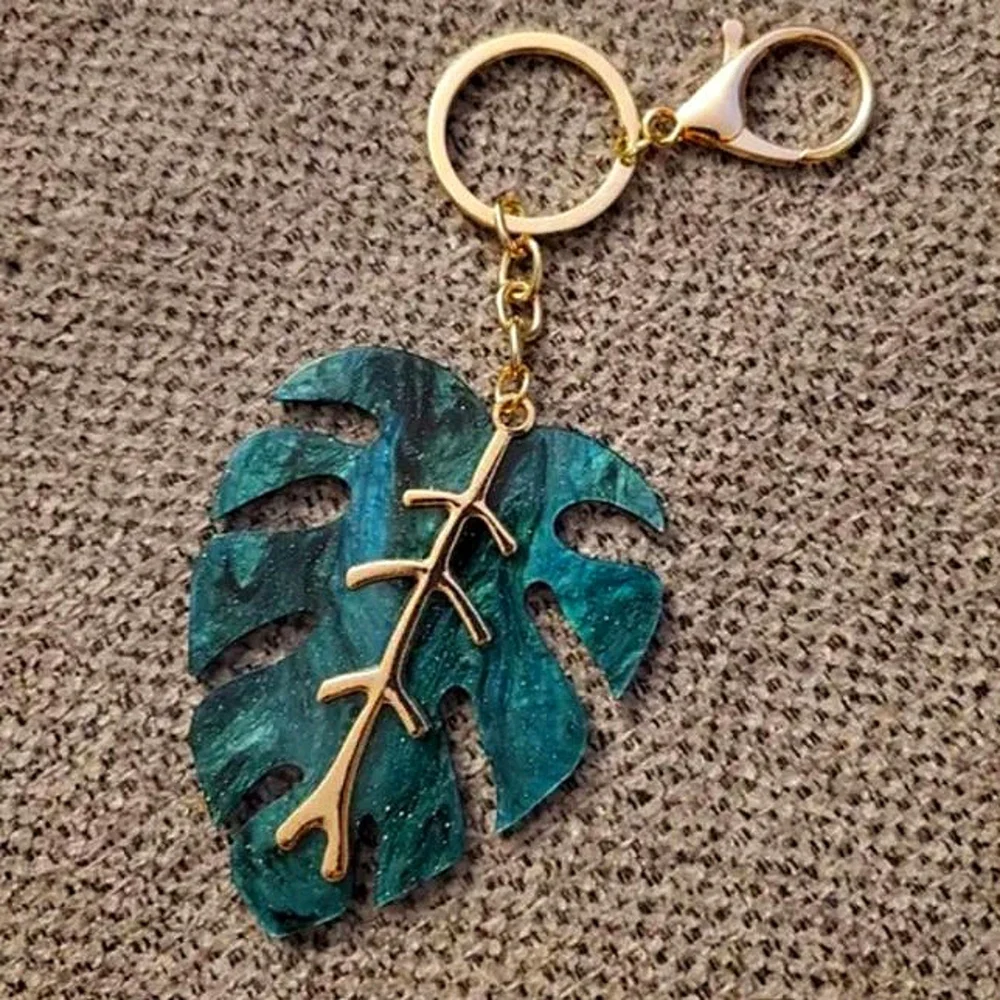 Monstera Keychain with Gold Accents